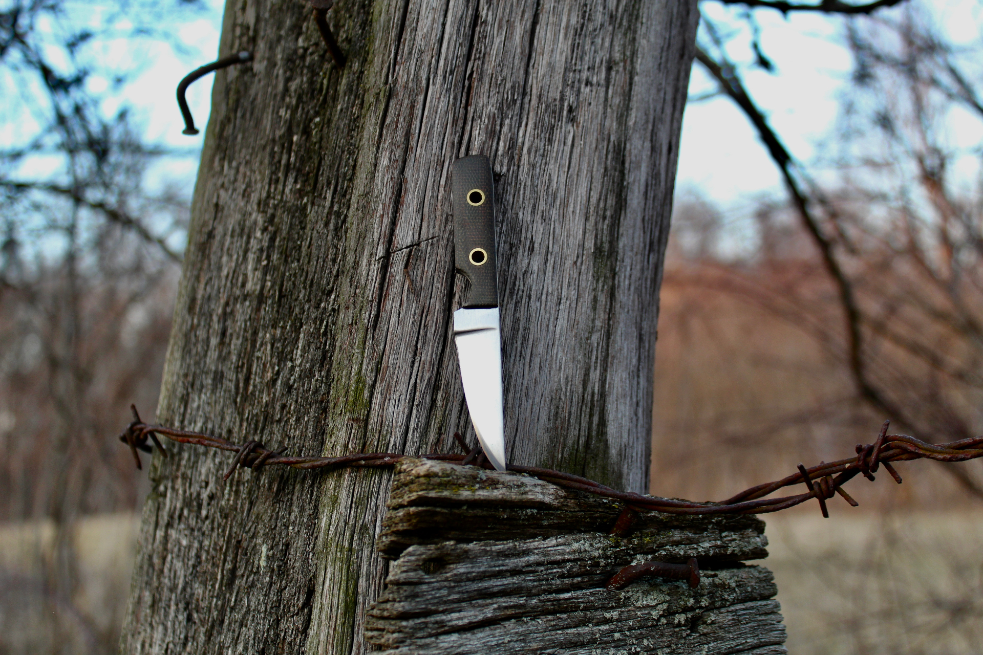 EDC knife stuck in a weathered fence post wrapped in rusted barbed wire